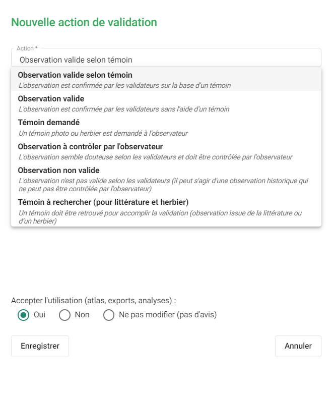 Liste des actions de validation