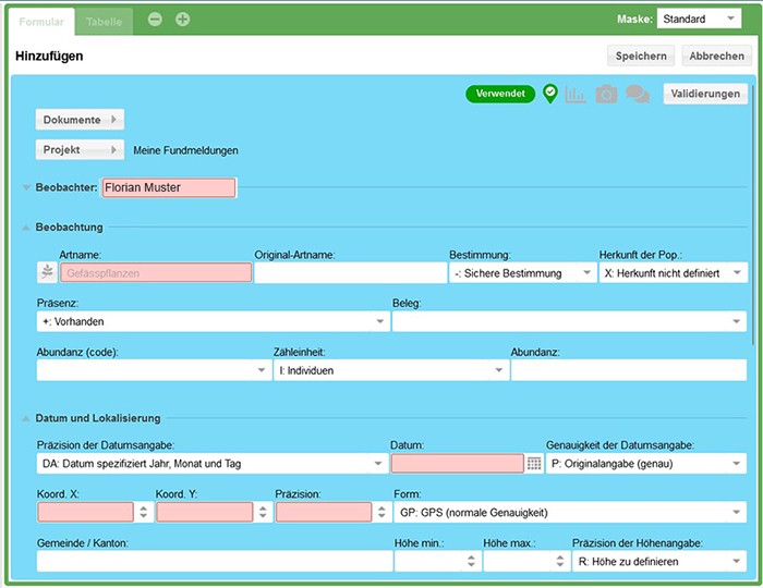 Screenshot Neue Beobachtung Online-Feldbuch